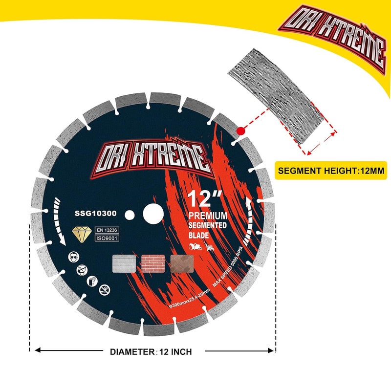 ORIXTREME 12 Inch Diamond Saw Blade, Segmented General Purpose Blade Dry/Wet Cutting Concrete, Reinforced Concrete, Masonry, Brick, Block,1"-20mm Arbor - Image 2